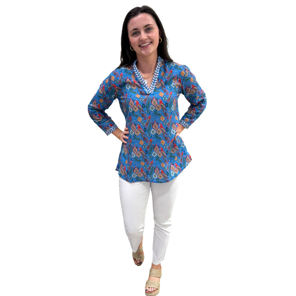 The Brie Embroidered Trim Tunic in Blue Parrot Floral — view 2