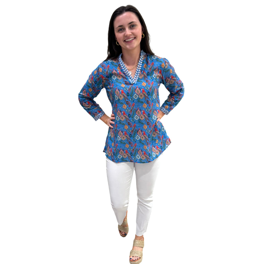 The Brie Embroidered Trim Tunic in Blue Parrot Floral — view 2