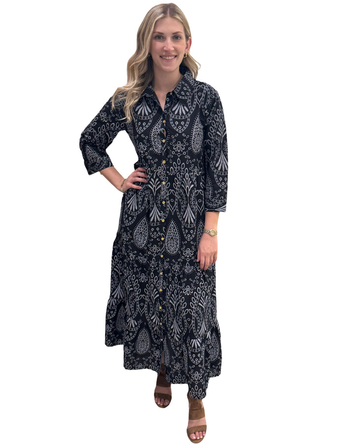 The Lucille Button Front Dress Maxi Dress in Black and White — view 3
