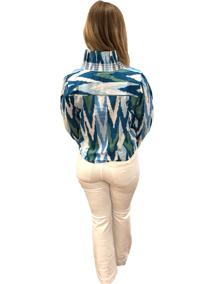 The Amelia Ruffle Front Smocked Top in Green Blue Geometric Ikat — view 7