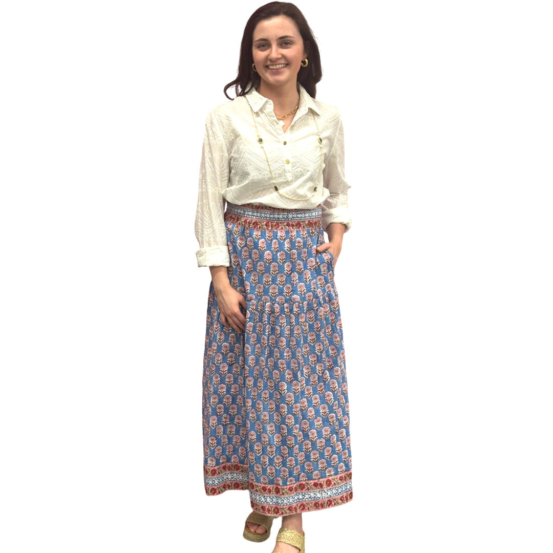 The Lila Border Trim Skirt in Blue and Pink Hand Blocked Cotton — view 4