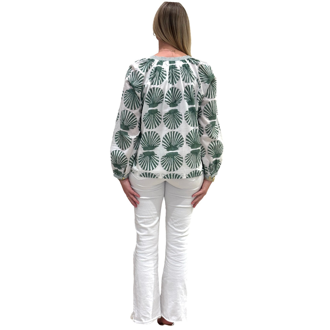 The Chandler Hand Blocked Cotton Top in Green Shell Print Cotton — view 5