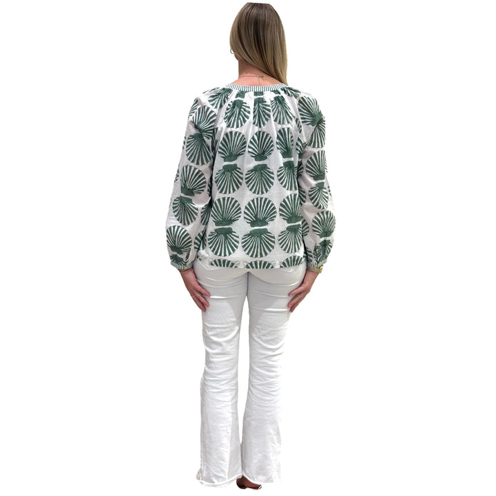 The Chandler Hand Blocked Cotton Top in Green Shell Print Cotton — view 5