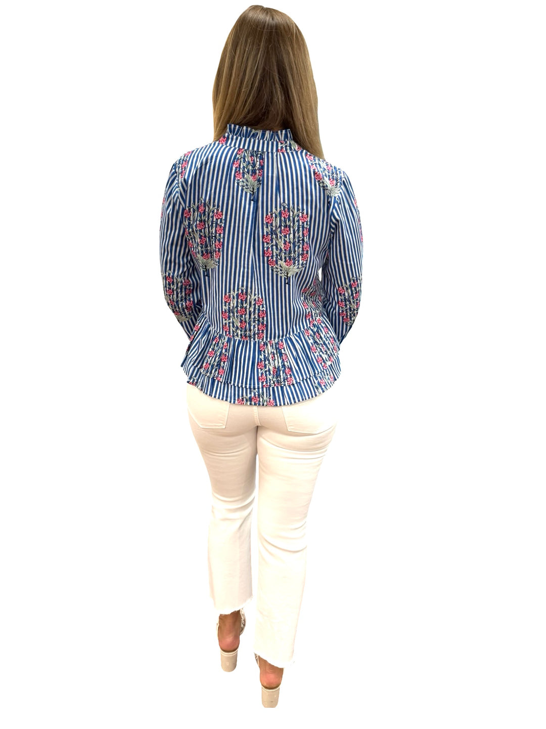The Bella 3/4 Sleeve Top in Blue Striped Pink Floral — view 5