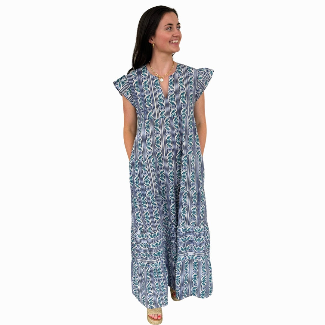 The Isabella Long Flutter Sleeve Maxi Dress in Green Blue Hand-Block — view 3