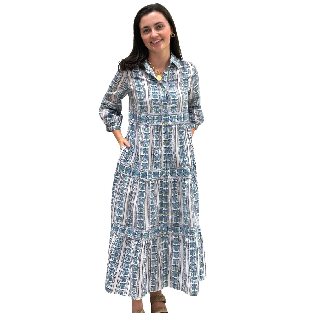 The Marilyn Cotton Button Front Blue Border Block Print Dress — view 3