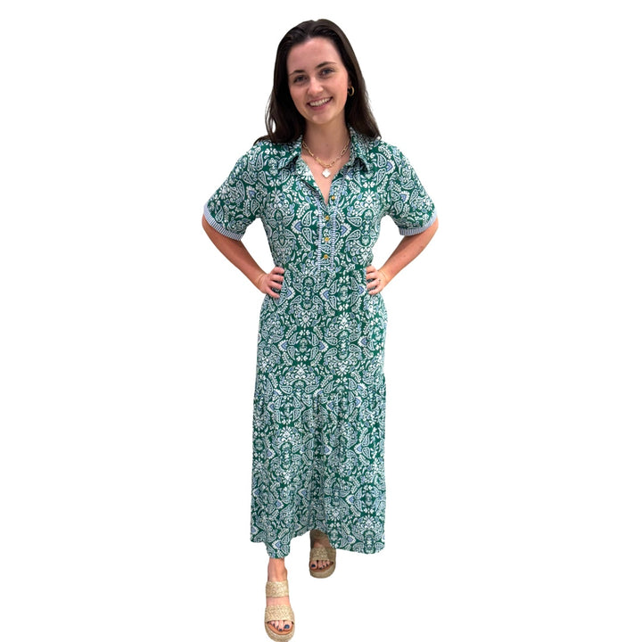 The Short Sleeve Jaqueline Dress in Green Blue With Blue Striped Trim — view 4