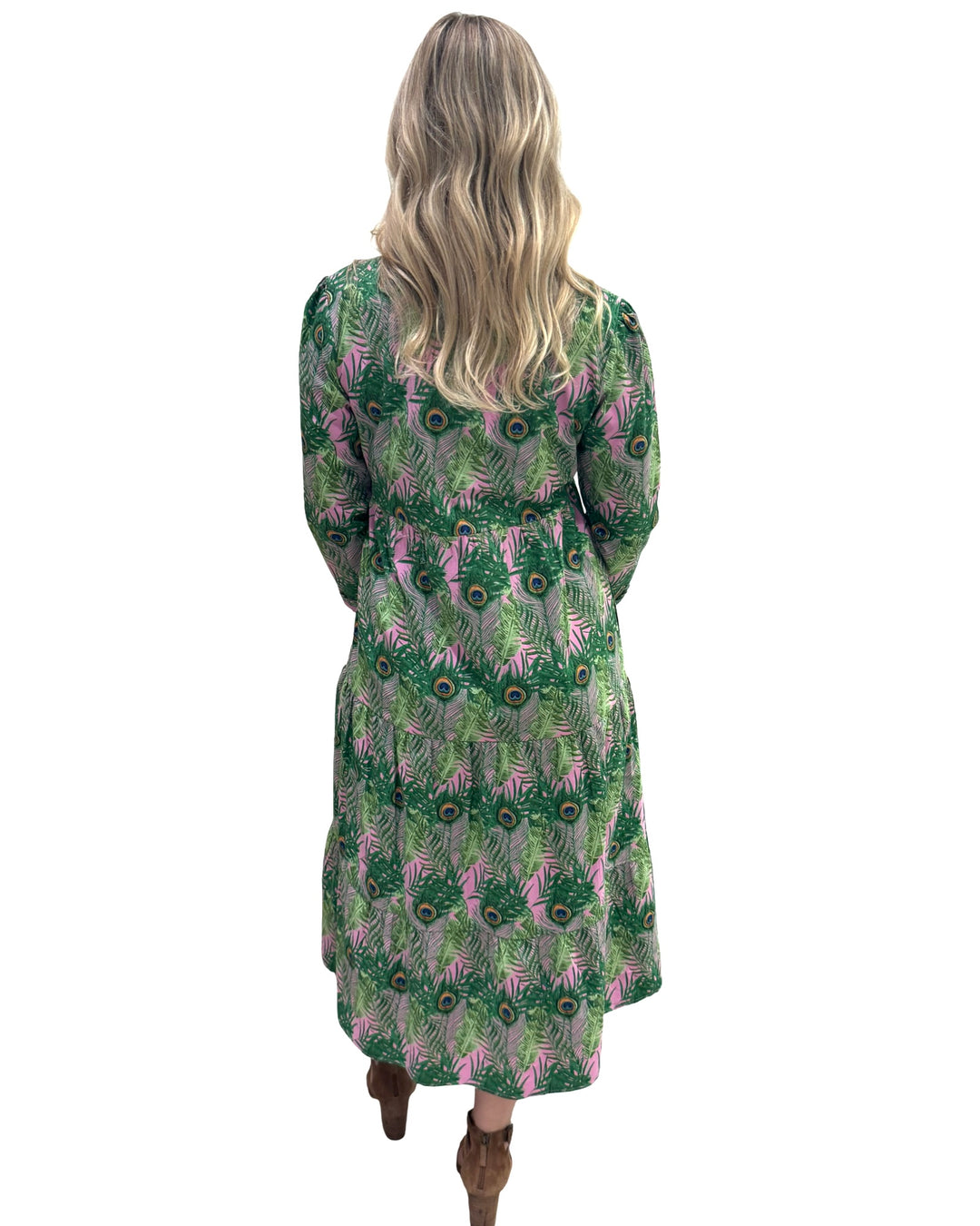 The Penny Button Placket Dress in Pink and Green Peacock Print — view 5