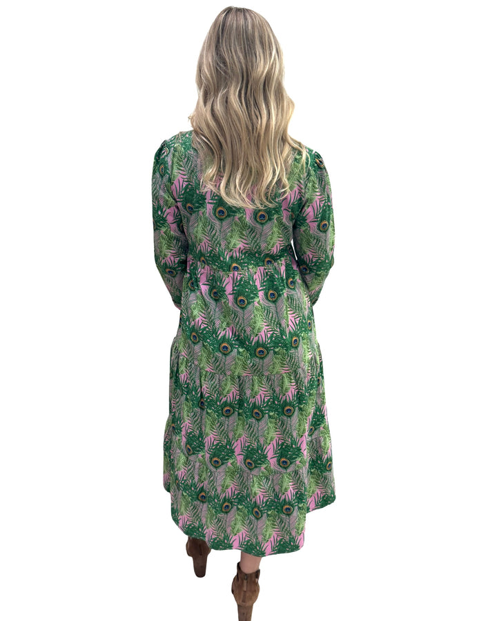 The Penny Button Placket Dress in Pink and Green Peacock Print — view 5