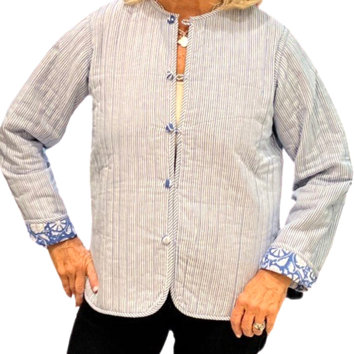 The Madeline Quilted Reversible Jacket in Blue and White Floral — view 8
