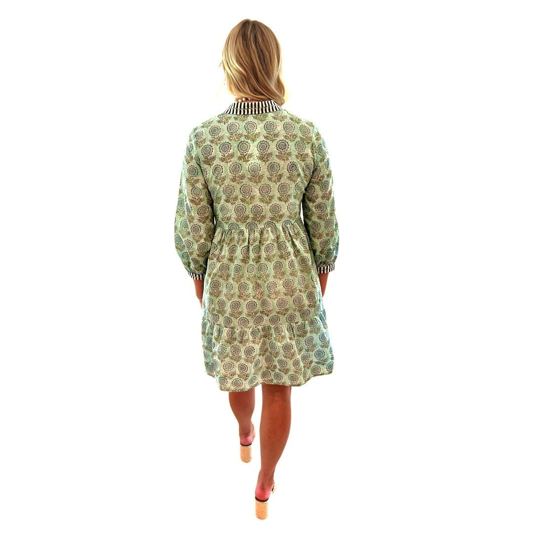 The Naomi Hand Blocked Floral Embroidered Trim Dress in Aqua — view 6