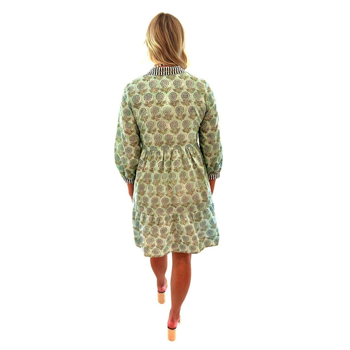 The Naomi Hand Blocked Floral Embroidered Trim Dress in Aqua — view 6