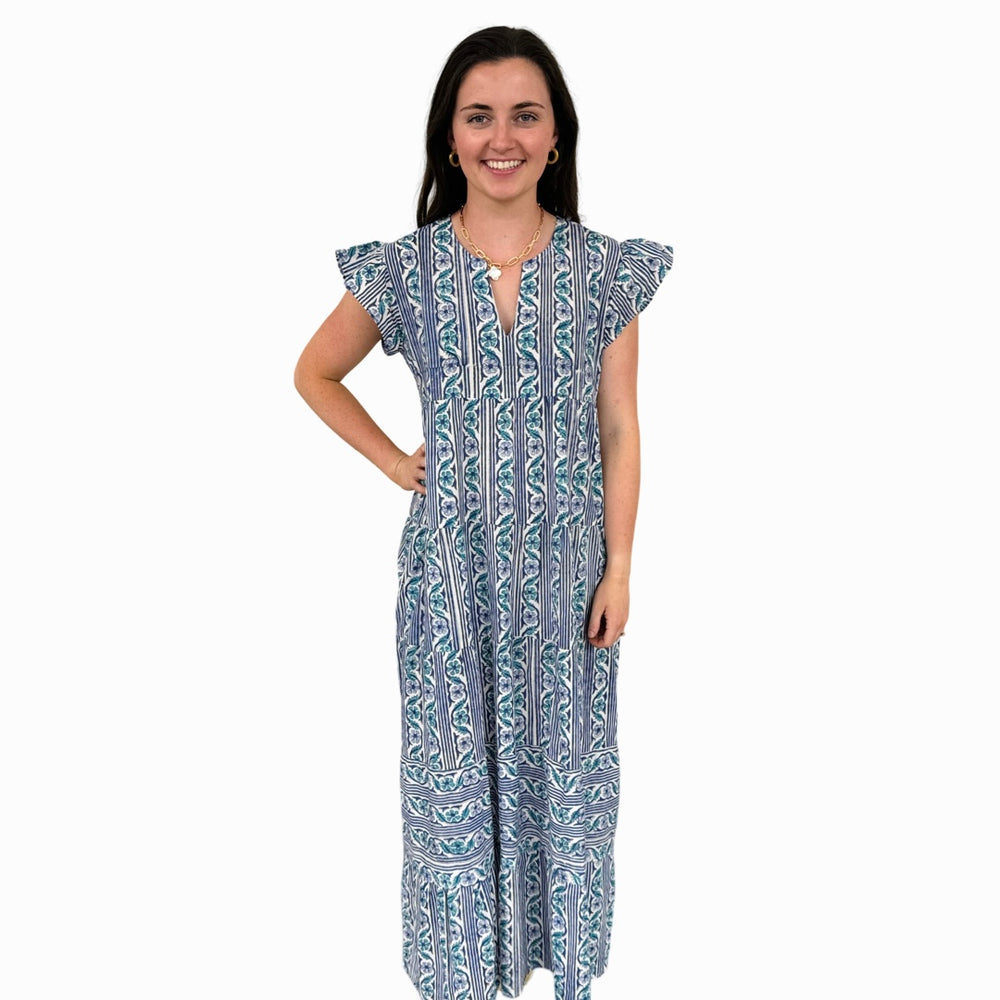 The Isabella Long Flutter Sleeve Maxi Dress in Green Blue Hand-Block — view 2
