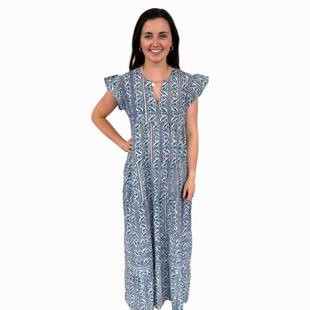 The Isabella Long Flutter Sleeve Maxi Dress in Green Blue Hand-Block — view 2