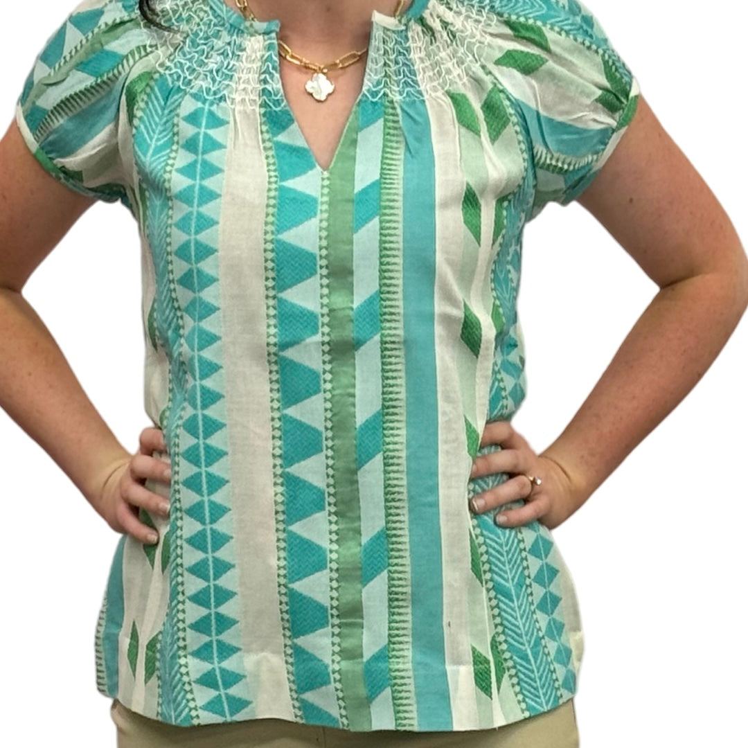 The Michelle Smock Neck Short Sleeve Top in Turquoise and Cream Jacquard — view 9