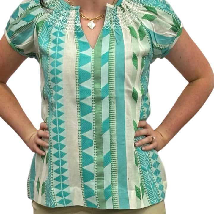 The Michelle Smock Neck Short Sleeve Top in Turquoise and Cream Jacquard — view 9