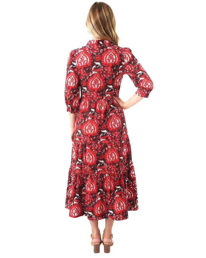 The Campbell 3/4 Sleeve Dress in Red and Brown Abstract