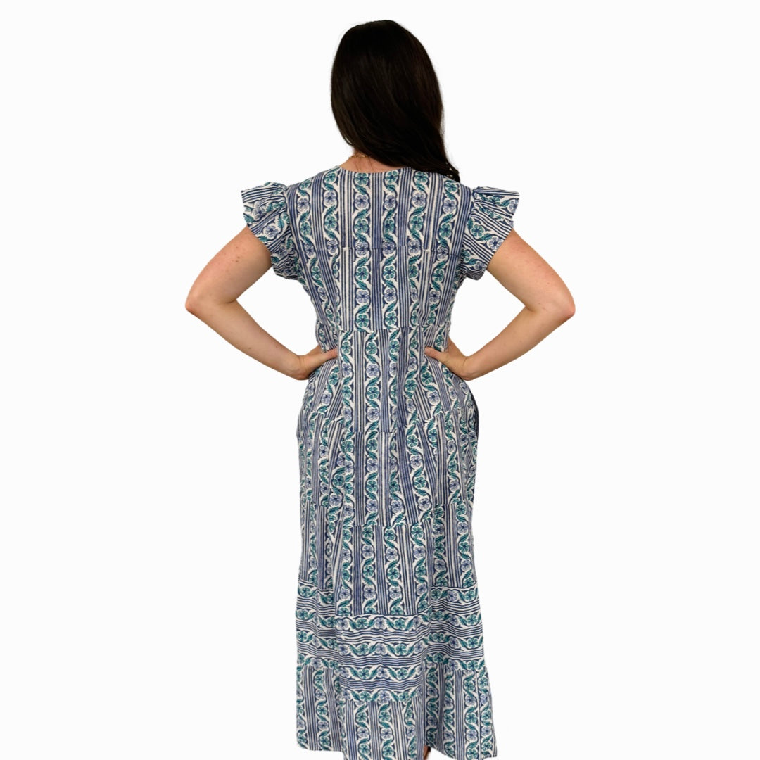 The Isabella Long Flutter Sleeve Maxi Dress in Green Blue Hand-Block — view 7