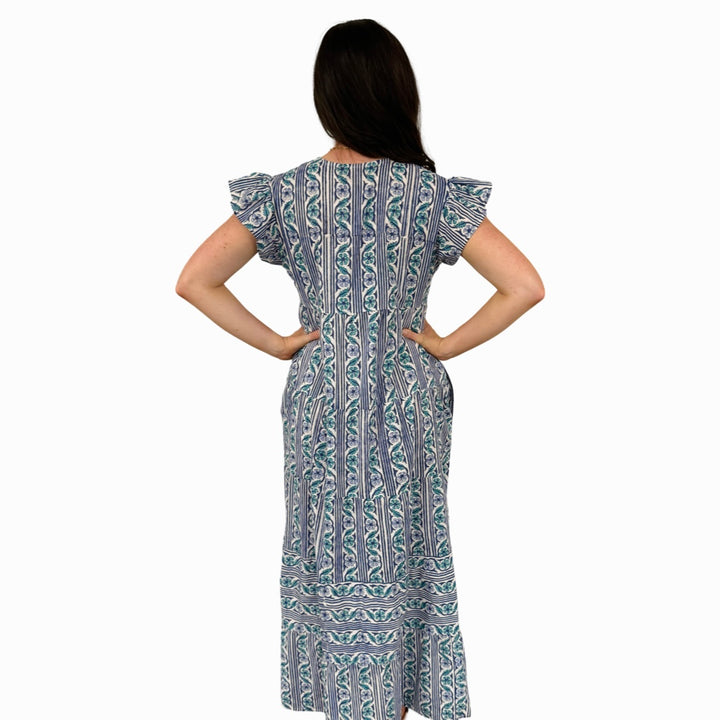 The Isabella Long Flutter Sleeve Maxi Dress in Green Blue Hand-Block — view 7