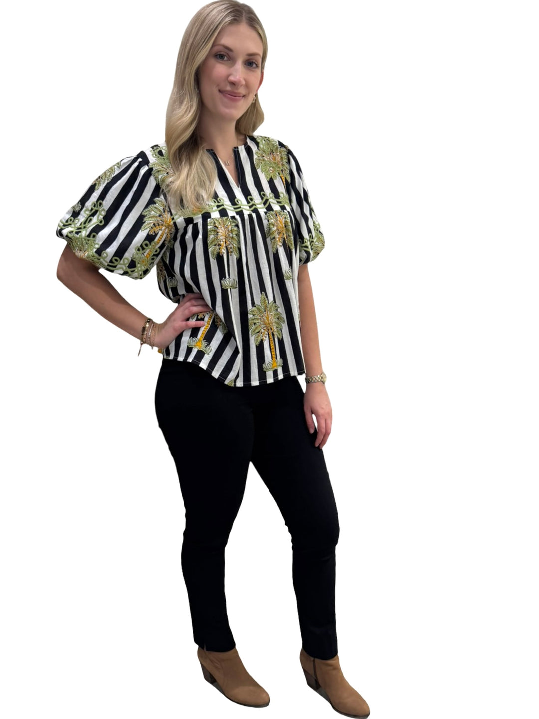 The Poppy Striped Palm Print Top in Black and White — view 3