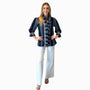 The Amelia Smocked Ruffle Front Top in Navy and White