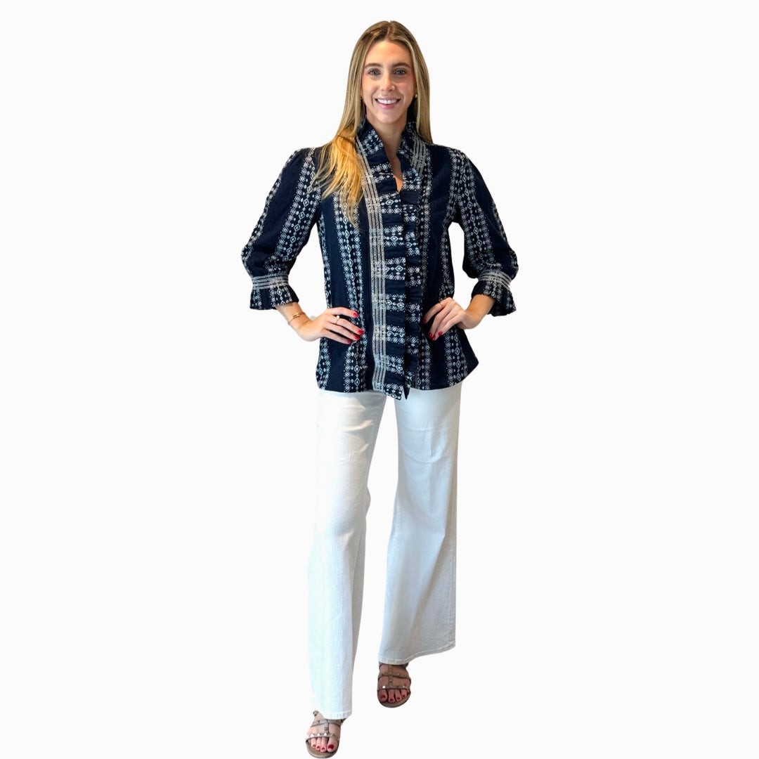 The Amelia Smocked Ruffle Front Top in Navy and White