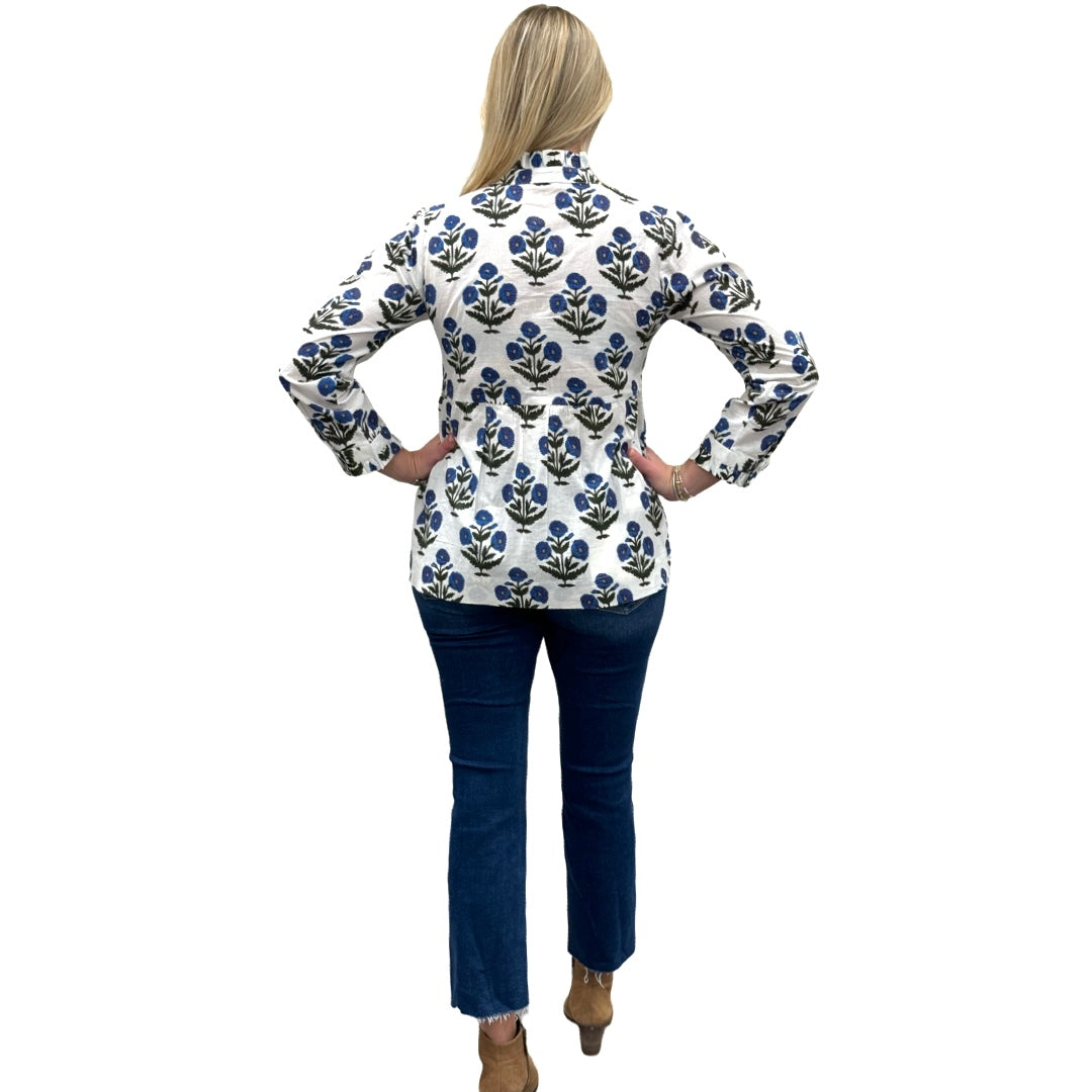 The Veronica Hand Block Smocked Top in Blue White Floral — view 7