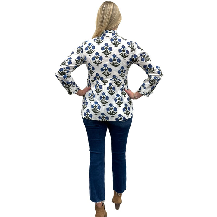 The Veronica Hand Block Smocked Top in Blue White Floral — view 7
