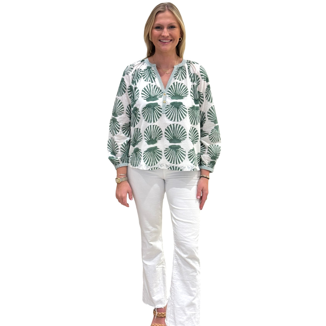 The Chandler Hand Blocked Cotton Top in Green Shell Print Cotton