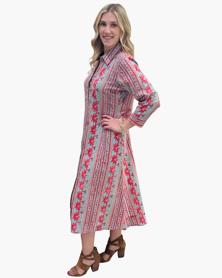 The Erika Button Front Dress in Turquoise and Red Hand-block Printed Cotton