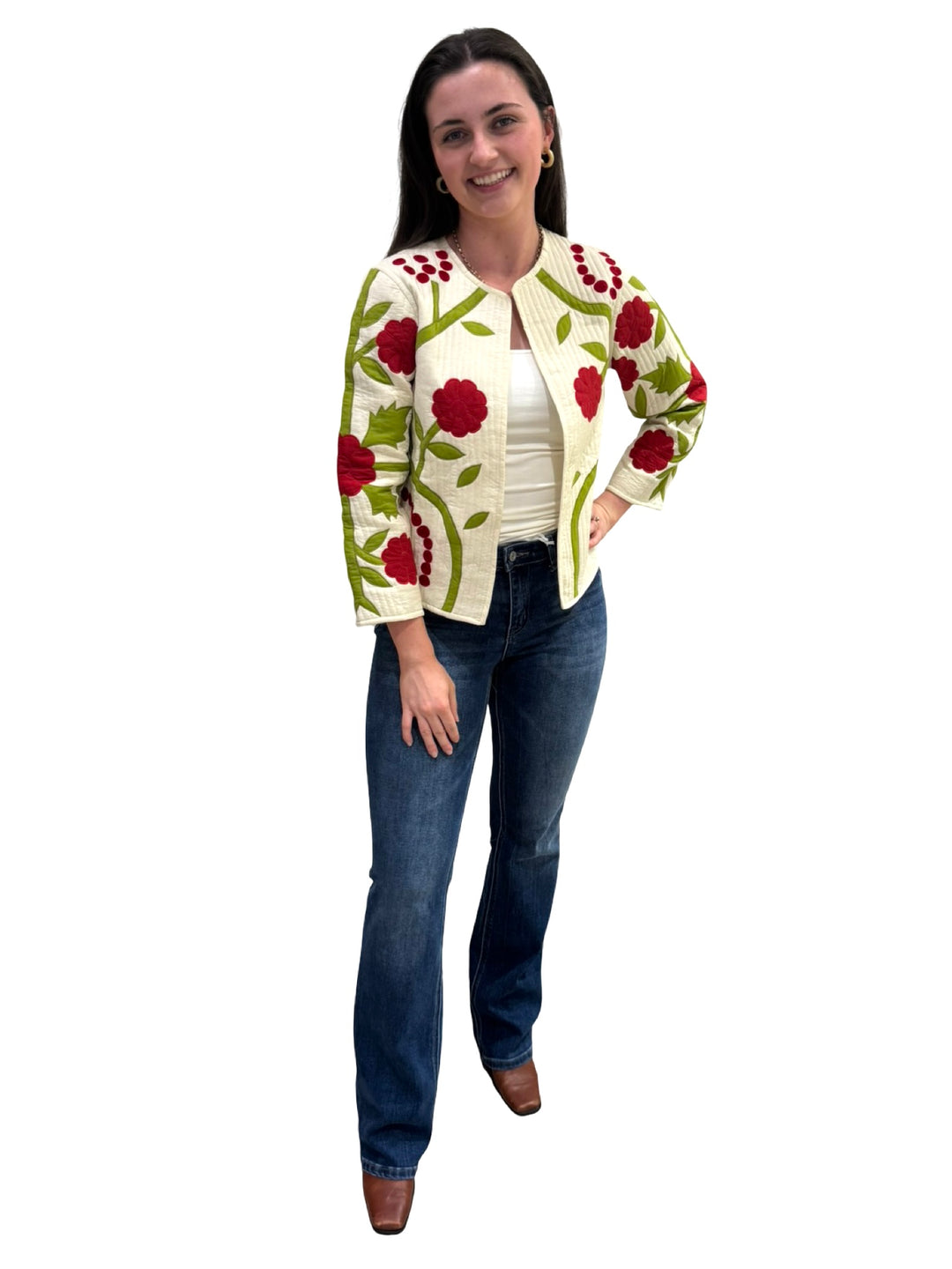The Nellie Applique Jacket in Ivory Crimson Floral