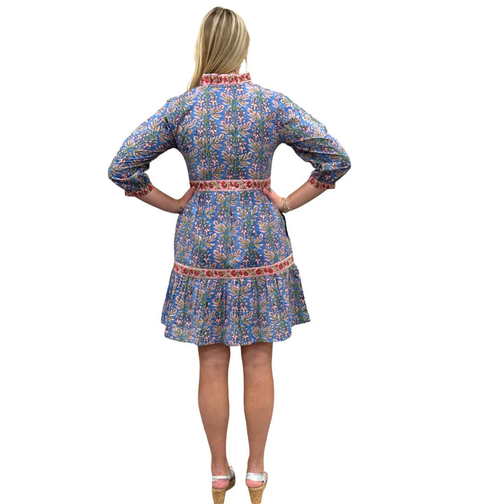 The Campbell Cotton Block Print Dress in Blue Pink Border Trim Floral — view 5