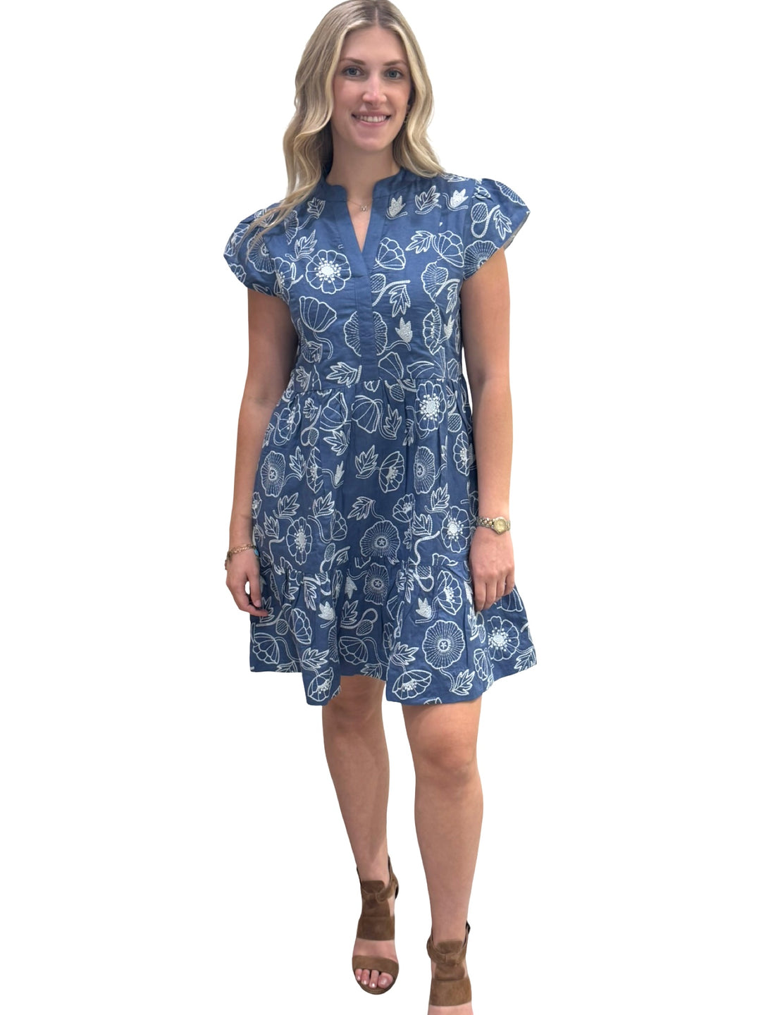 The Preston Embroidered Short Sleeve Dress in Blue white — view 3