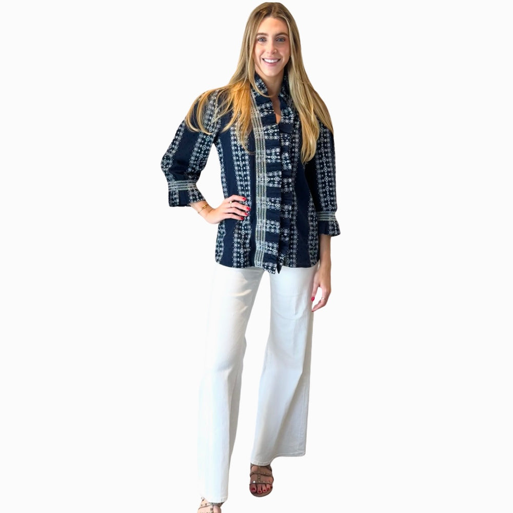 The Amelia Smocked Ruffle Front Top in Navy and White — view 2