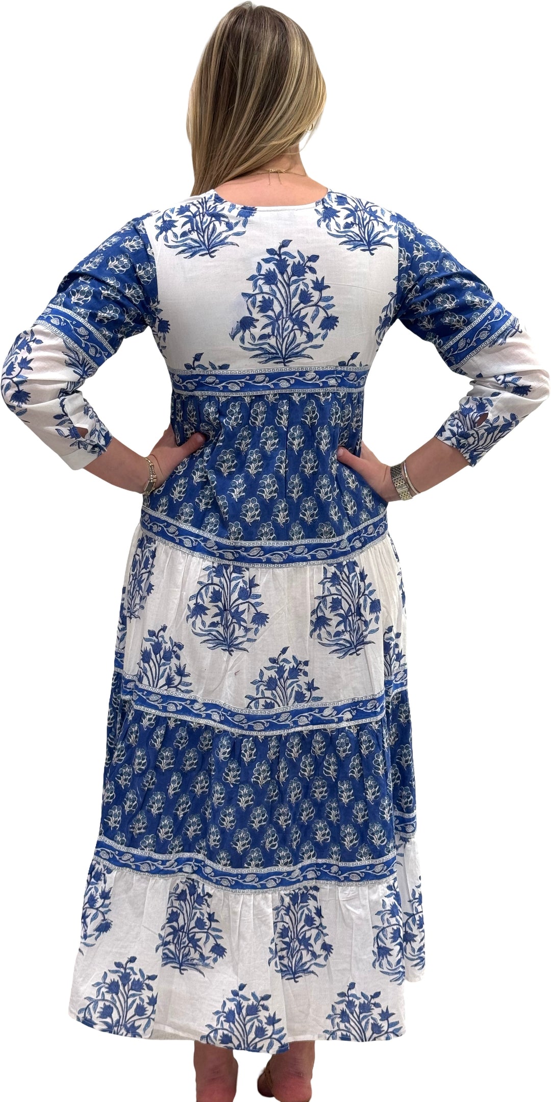 The Frances Hand Block Printed Floral Dress in Blue White — view 5