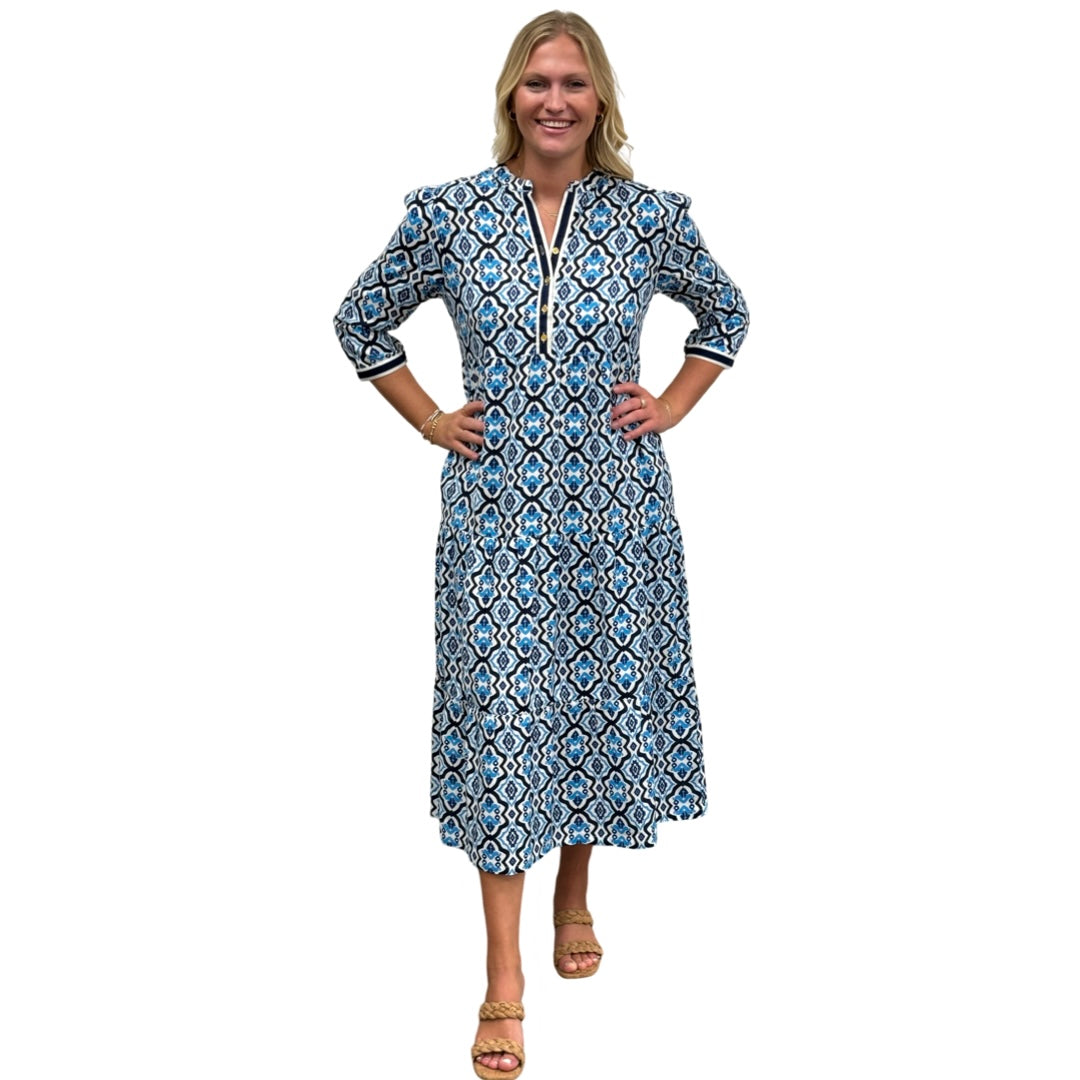 The Addison Blue White Geometric Tile Print Dress