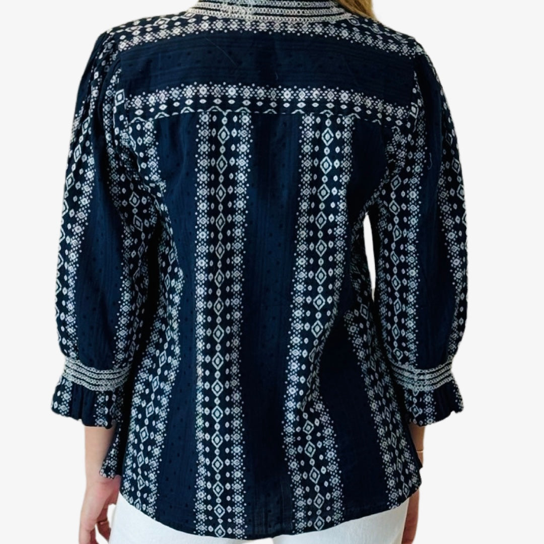 The Amelia Smocked Ruffle Front Top in Navy and White — view 6