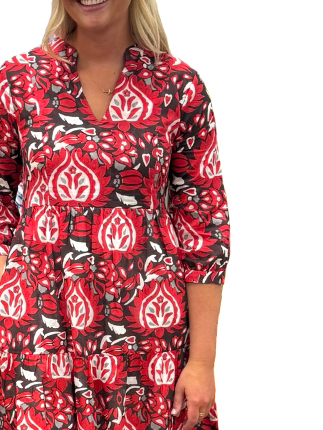 The Preston 3/4 Sleeve Cotton Dress in Red and Brown Abstract
