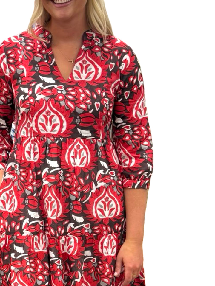 The Preston 3/4 Sleeve Cotton Dress in Red and Brown Abstract