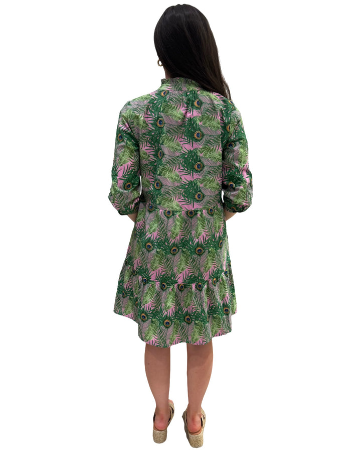 The Bella Dress in Pink Green Peacock Feather Print — view 7