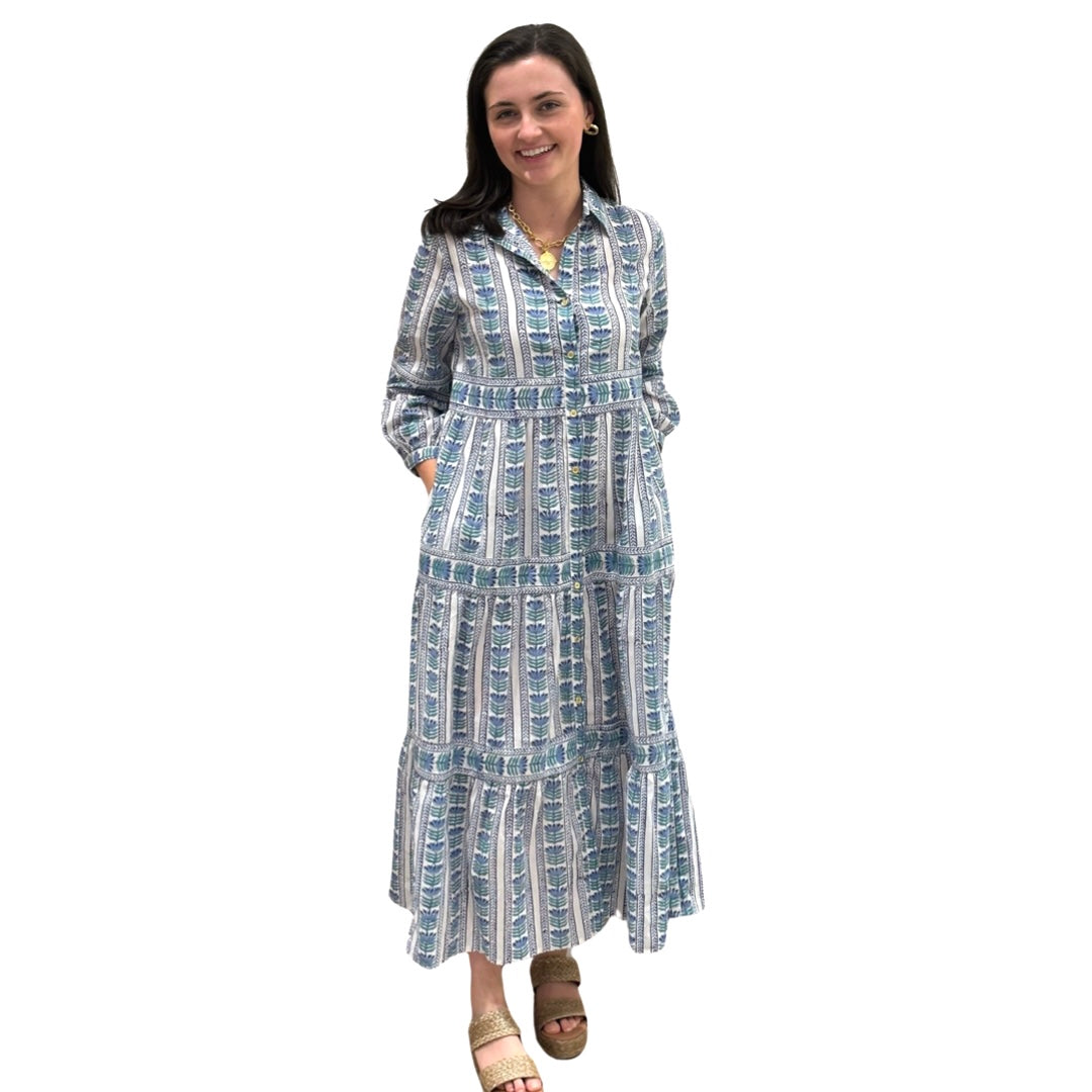 The Marilyn Cotton Button Front Blue Border Block Print Dress — view 2