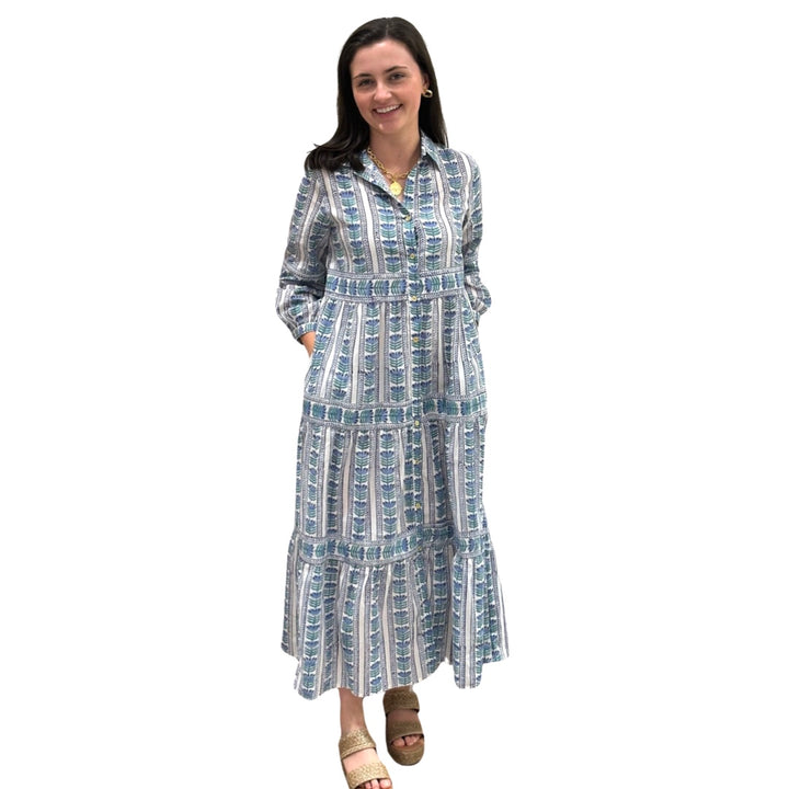 The Marilyn Cotton Button Front Blue Border Block Print Dress — view 2