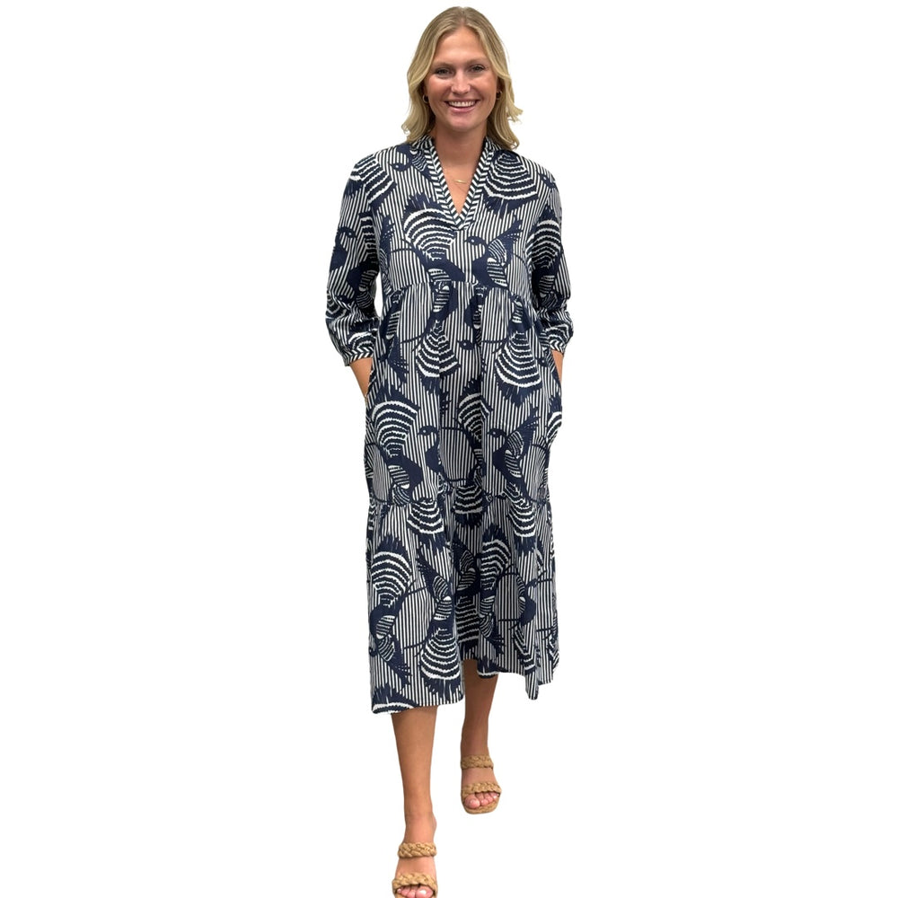 The Morley Striped Bird Print Dress in Navy and White — view 2