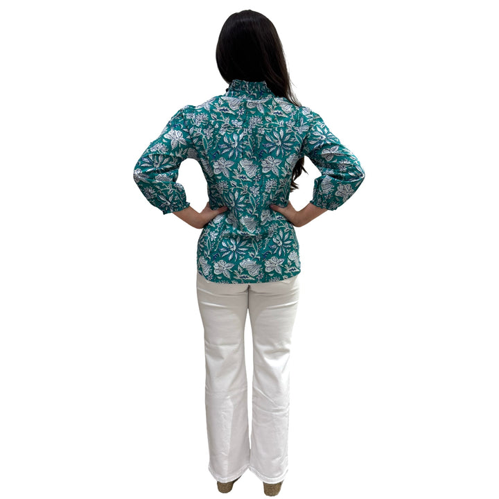 The Tricia Cotton Hand Block Printed Top in Green and Blue Floral — view 6