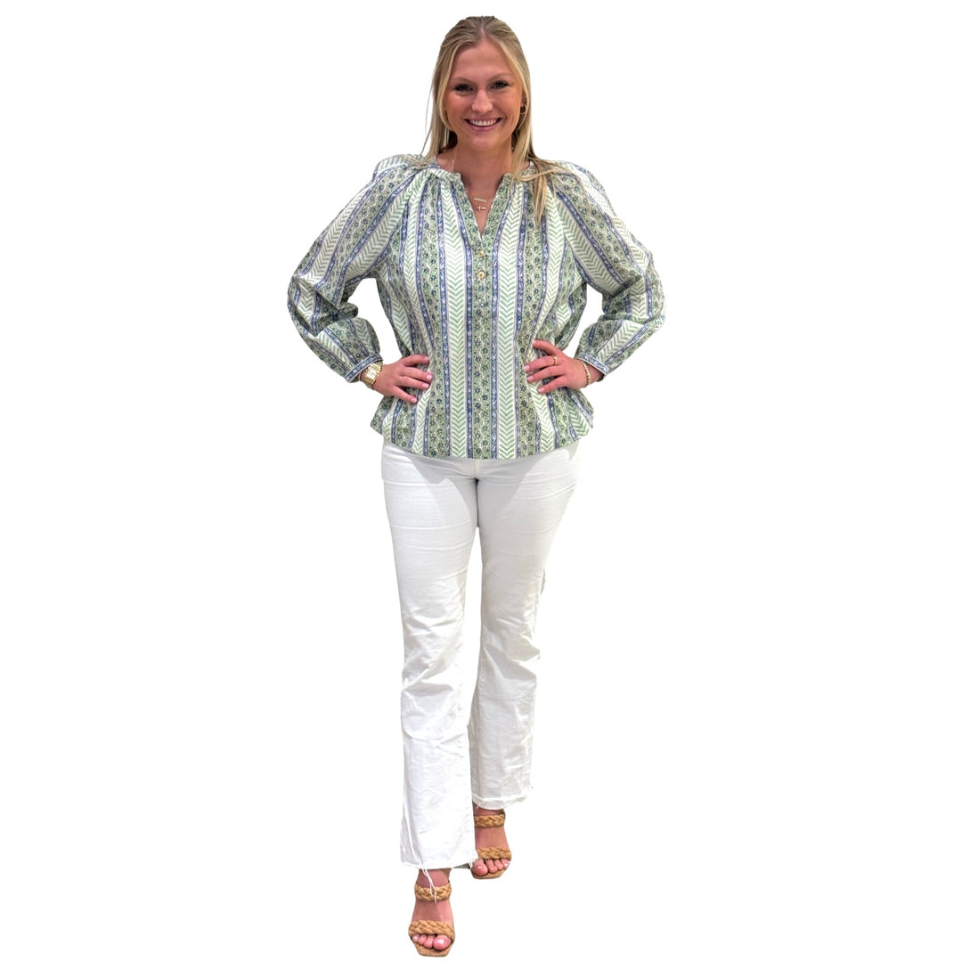 The Chandler Cotton Top in Light Green Hand Blocked Chevron Floral