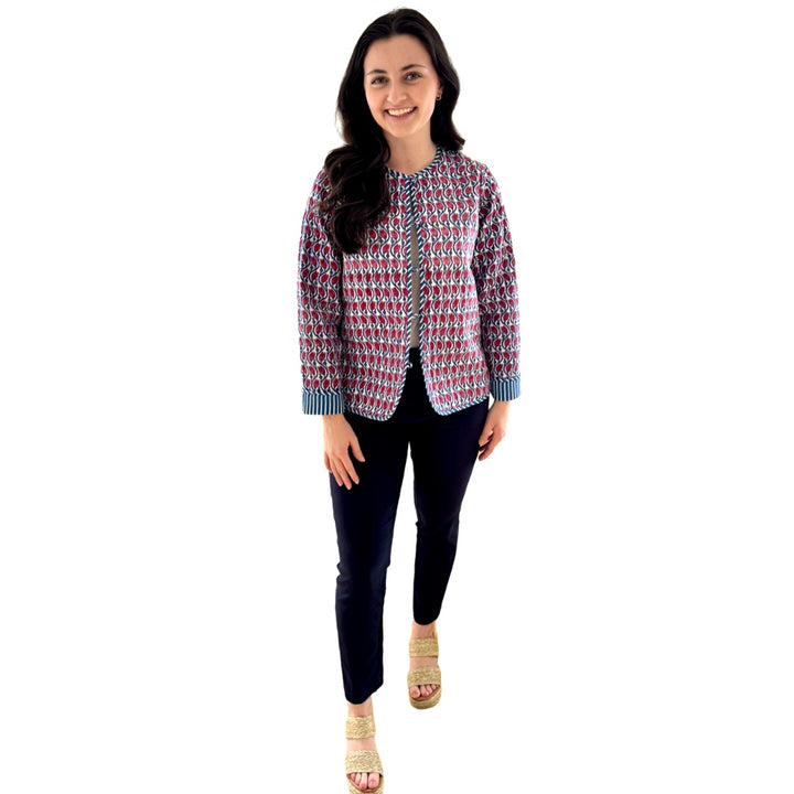 The Madeline Reversible Quilted Jacket in Blue and Red Hand Blocked Floral — view 5