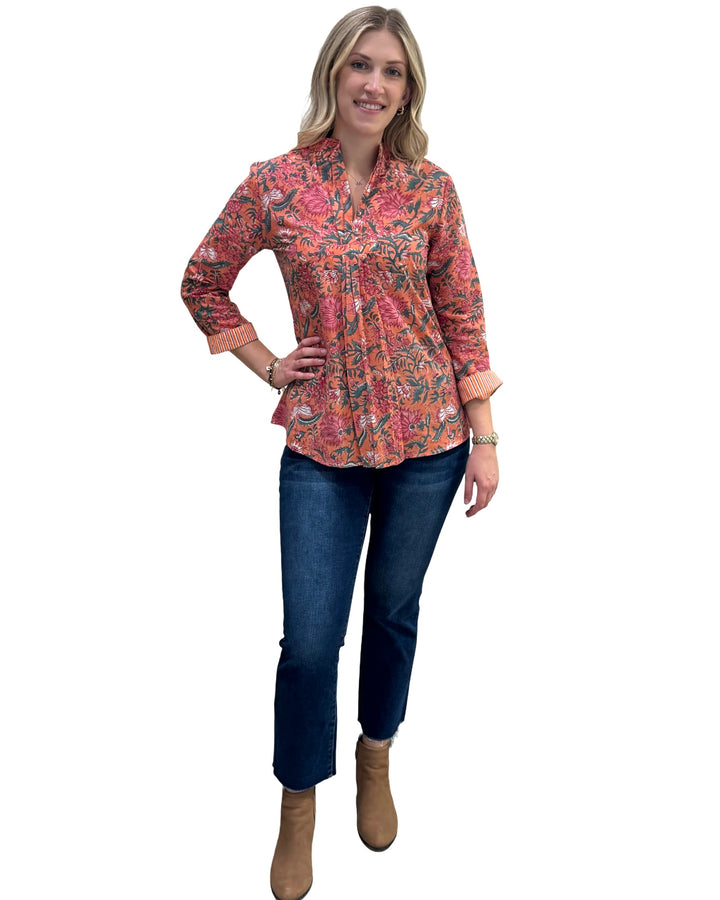 The Eloise Hand Block Printed Top in Orange Floral
