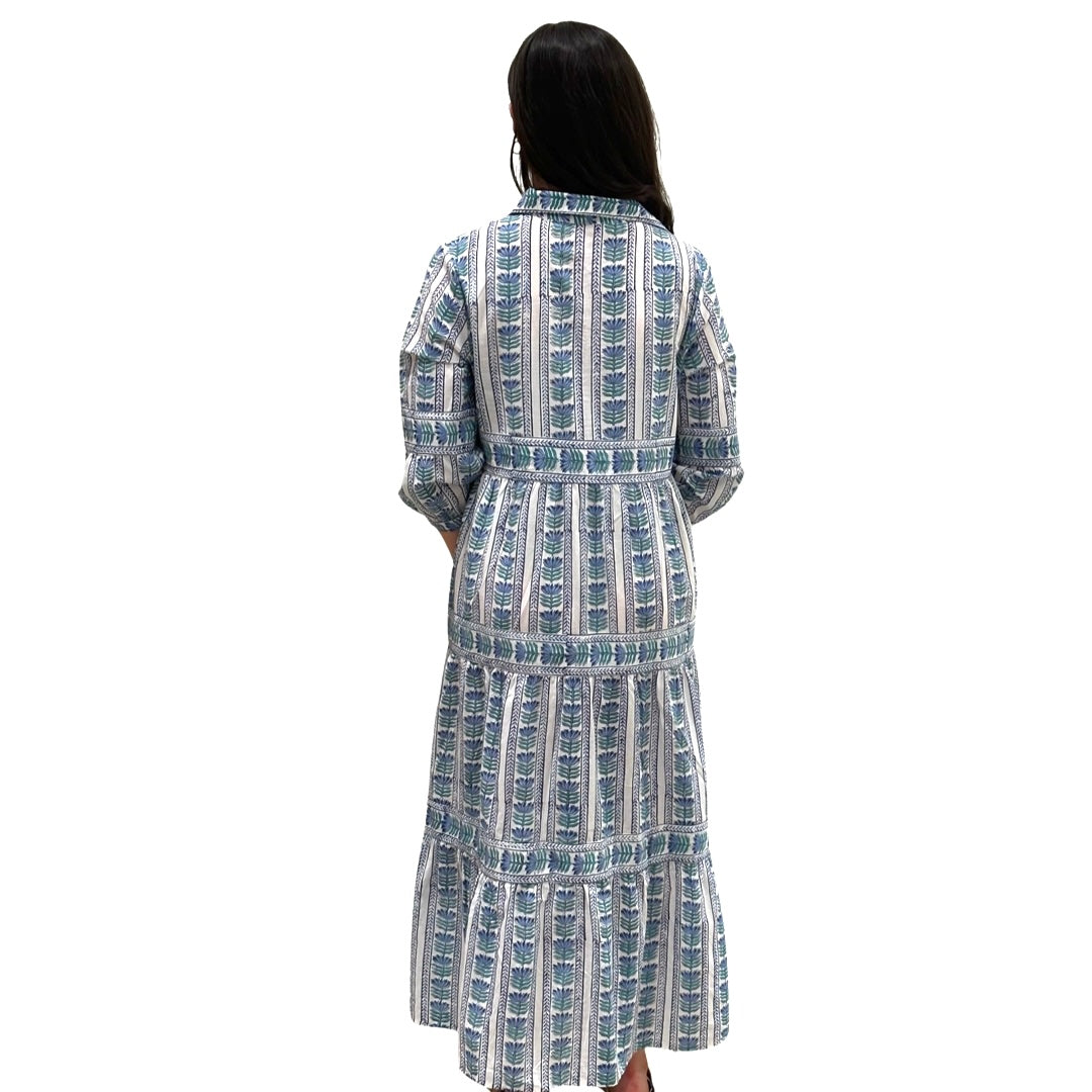 The Marilyn Cotton Button Front Blue Border Block Print Dress — view 5