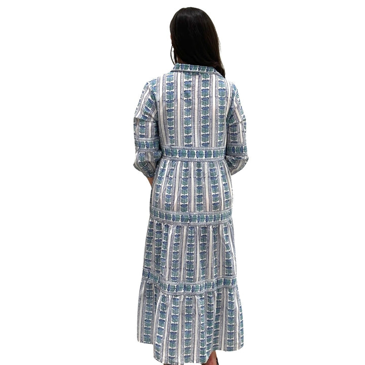 The Marilyn Cotton Button Front Blue Border Block Print Dress — view 5