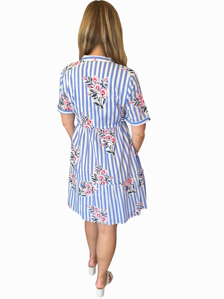 The Hamilton Button Front Tie Waist Dress in Periwinkle Striped Floral — view 5